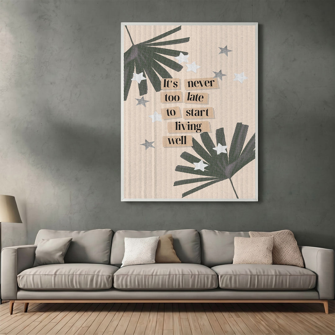 Wadi Home framed wall art with inspirational quote and botanical star design hanging above a modern grey sofa