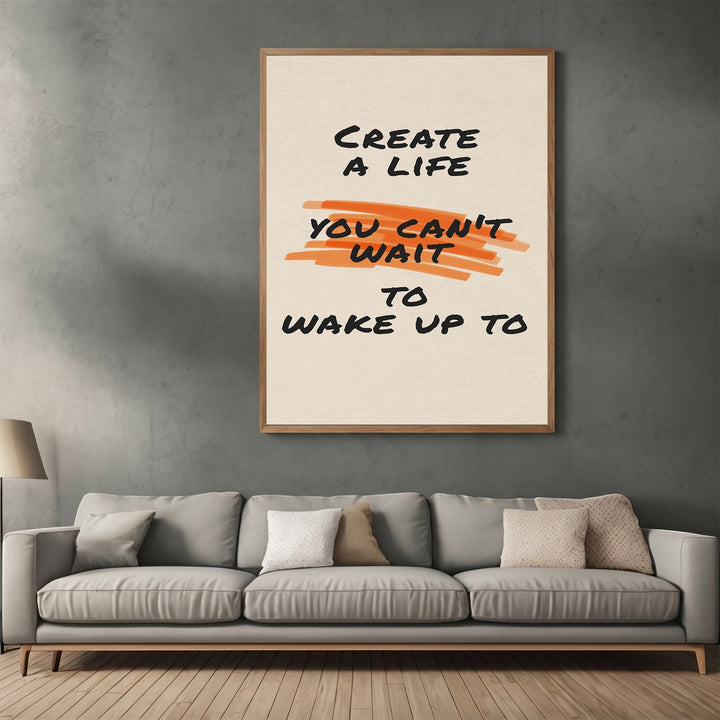 Wadi Home inspirational quote wall art poster with black typography and orange brushstroke in a wooden frame.