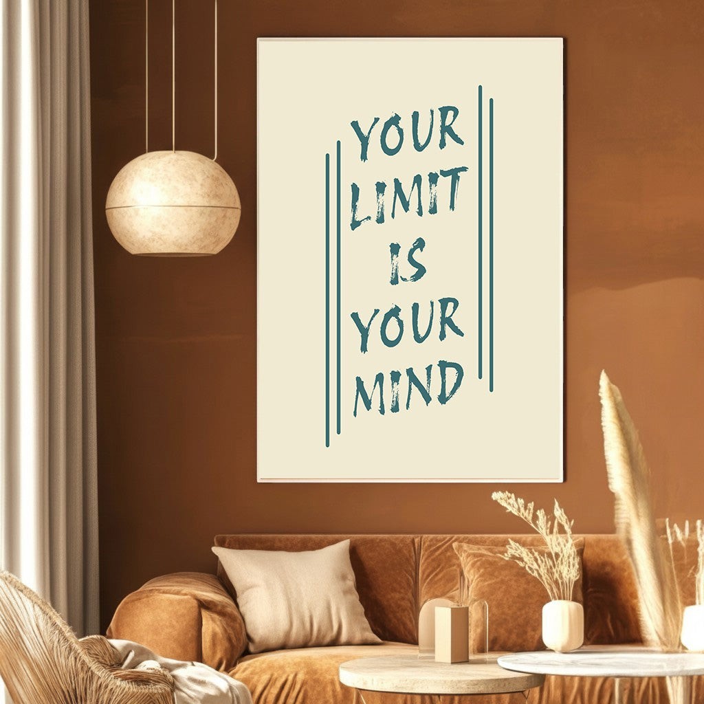 Wadi Home minimalist wall art poster with Your Limit Is Your Mind quote in dark teal text on a cream background.
