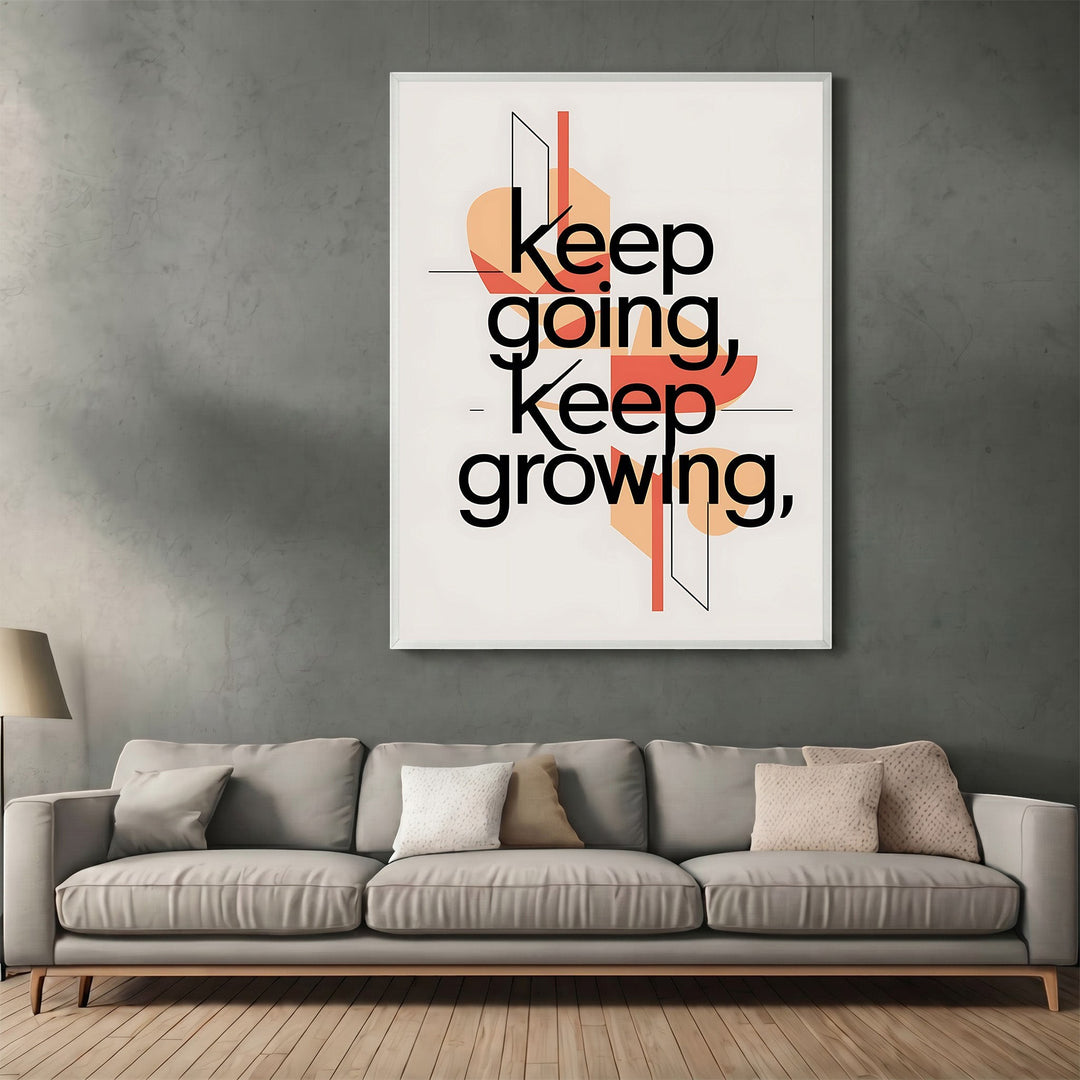 Wadi Home inspirational wall art print featuring Keep Going Keep Growing typography in coral, peach, and black.