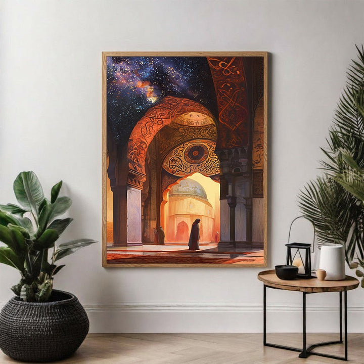 Wadi Home Islamic architecture under starry night sky wall art. Features arches, domes, and celestial patterns in warm gold, blue, and purple hues.