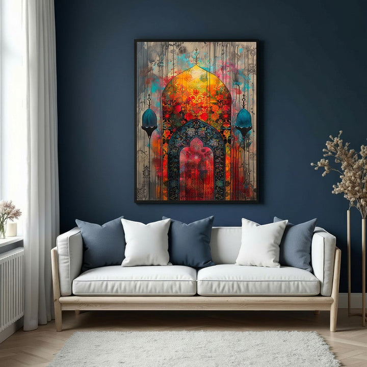 Wadi Home vibrant Islamic archway canvas print with abstract colorful design. Features traditional architecture with intricate details and rich colors.