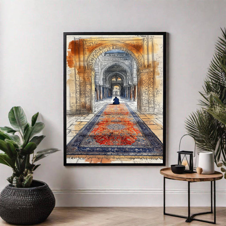 Wadi Home Islamic archway artwork featuring a lone figure in prayer on a vibrant, patterned rug within a grand architectural setting.