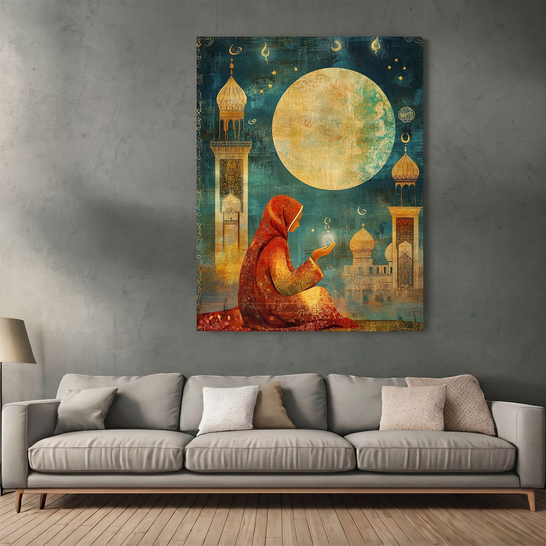 Wadi Home wall art featuring a woman praying under a full moon with mosque architecture in rich gold and blue tones.