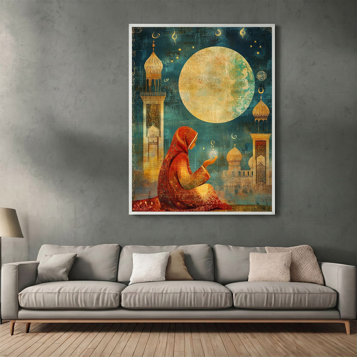 Wadi Home framed wall art featuring a woman in a red hijab praying before a mosque under a large golden moon