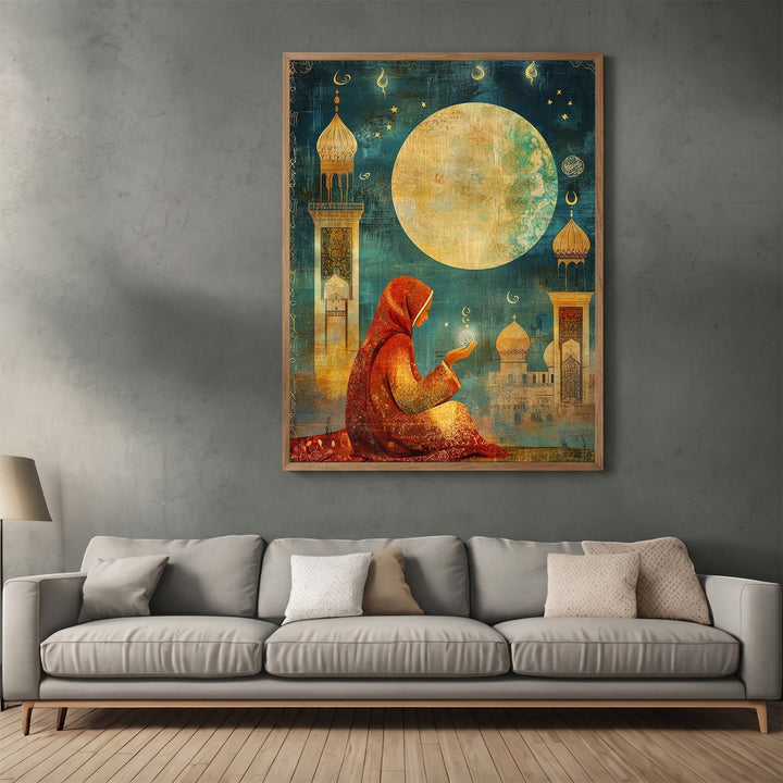Wadi Home framed wall art featuring a woman in a red hijab praying before a large moon and mosque architecture.