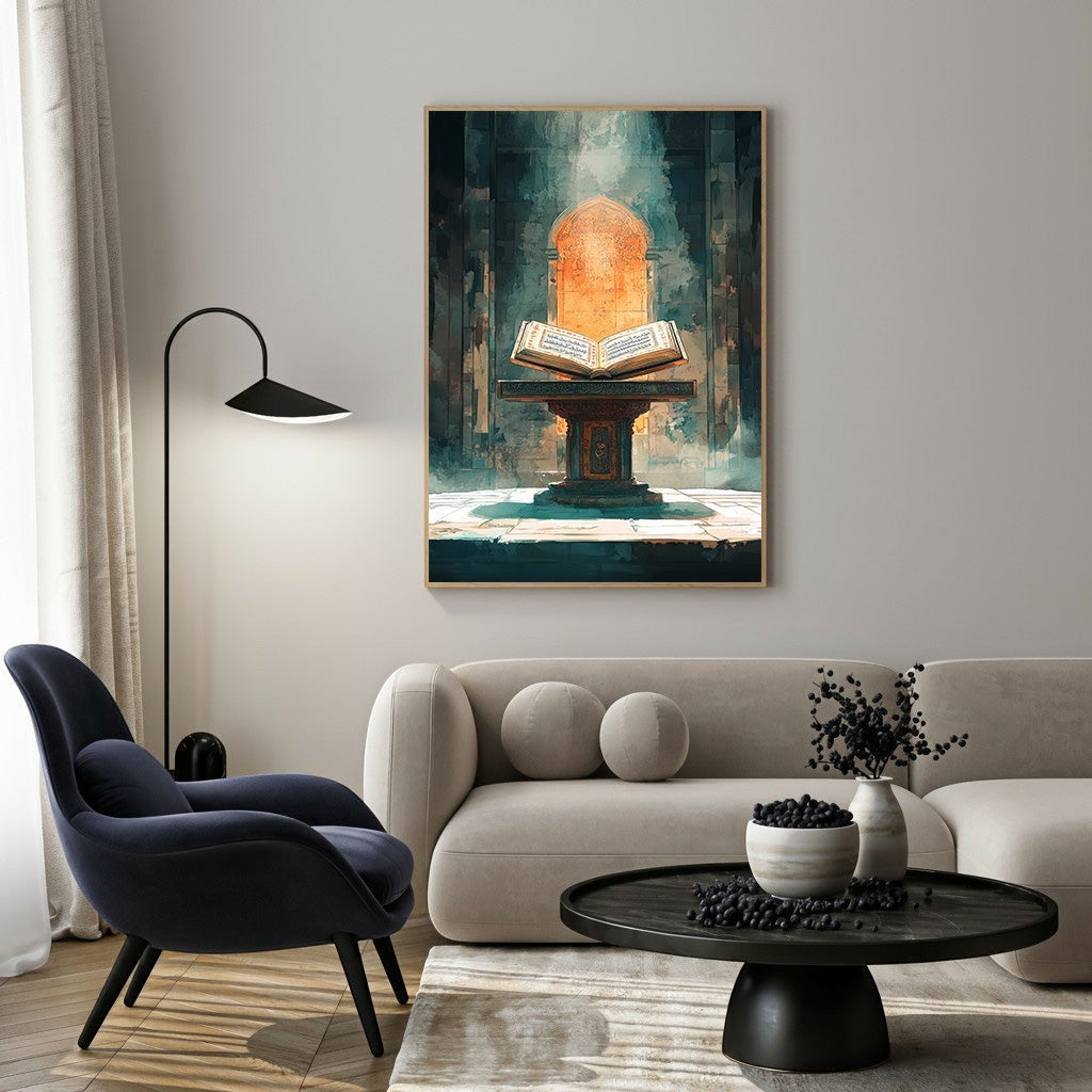 Wadi Home Islamic calligraphy illuminated manuscript artwork featuring an open book on a stand, bathed in warm light. Moody tones and intricate details.