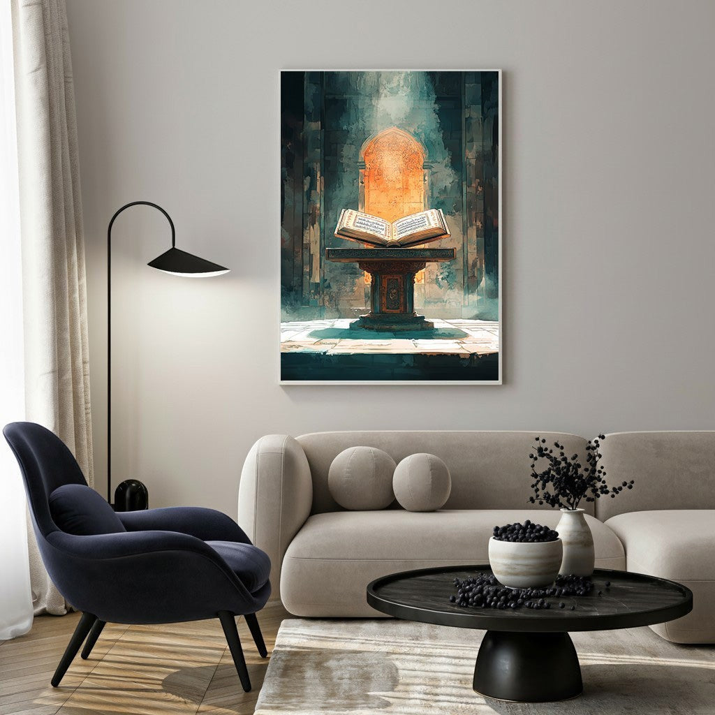 Wadi Home Islamic calligraphy illuminated manuscript artwork featuring an open book on a stand, bathed in light. Moody tones and intricate details.