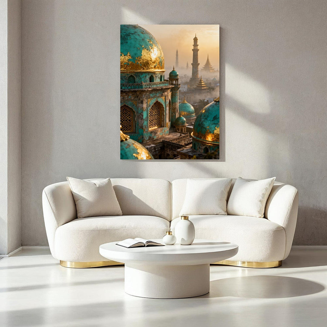 Wadi Home canvas print of a majestic Islamic cityscape with turquoise domes and golden accents, bathed in warm sunlight.