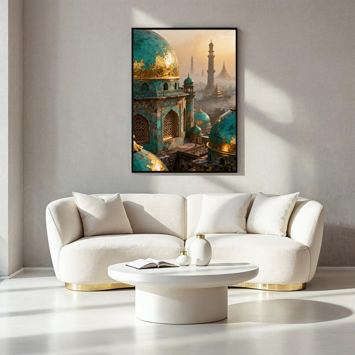 Wadi Home Islamic cityscape canvas print with turquoise and gold domes and minarets at sunset.