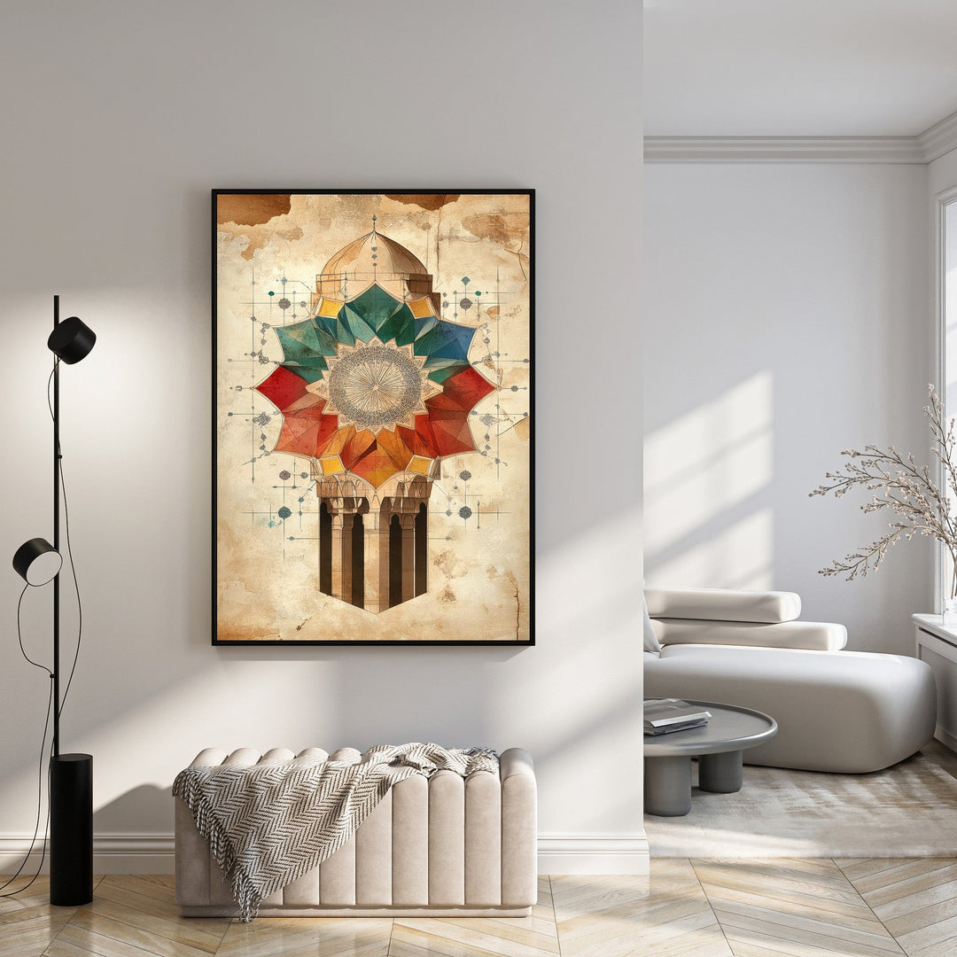 Wadi Home Geometric Islamic Architectural Art Print featuring a colorful rosette design inspired by Islamic patterns and architecture, set against an aged background.