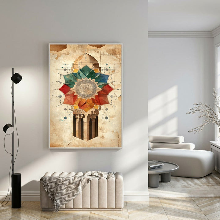 Wadi Home Geometric Islamic architectural art print featuring a vibrant, multi-colored rosette design with a dome and columns on an aged background.