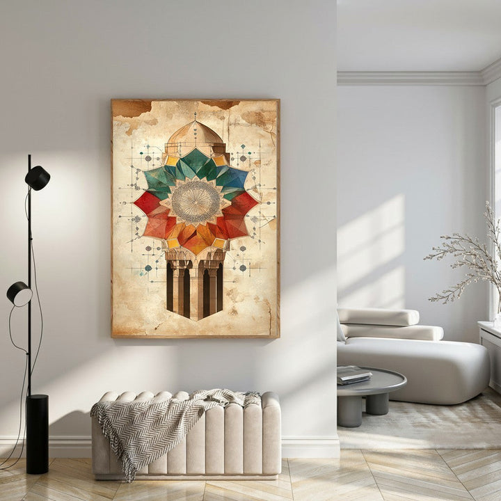 Wadi Home Geometric Islamic Architectural Art Print with multi-colored rosette design and aged background.