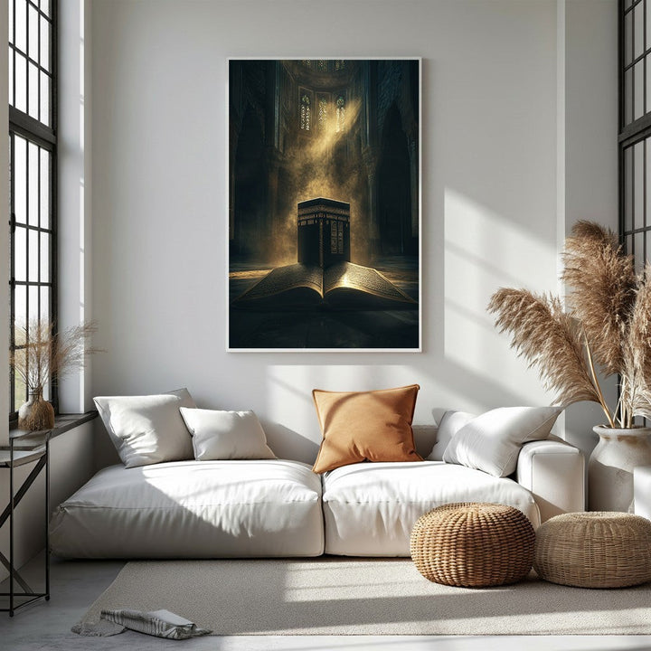 Wadi Home Islamic Kaaba and Quran wall art, a dark, atmospheric depiction of the Kaaba atop an open, glowing Quran.