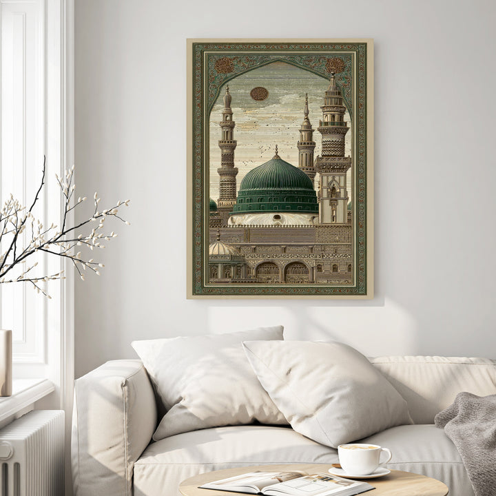 Wadi Home Islamic mosque architectural print with green dome and minarets, detailed vintage style.