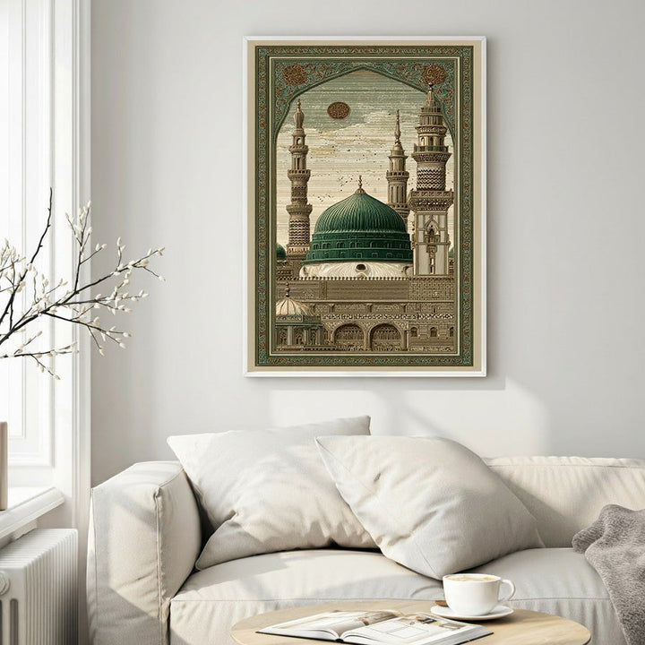 Wadi Home Islamic mosque architectural print featuring a green dome and minarets, framed in ornate borders.