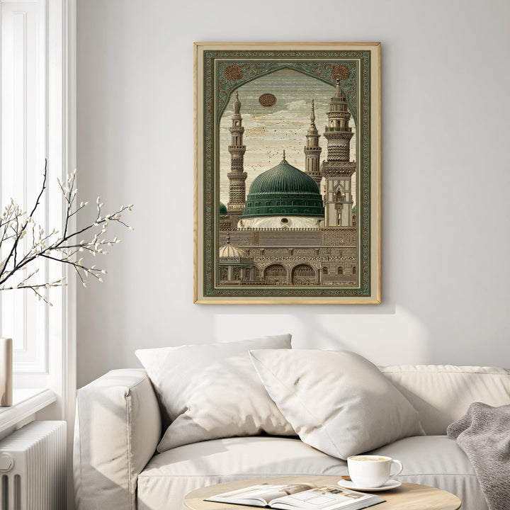 Wadi Home Islamic mosque architectural print featuring a green dome and minarets, framed artwork for spiritual decor.