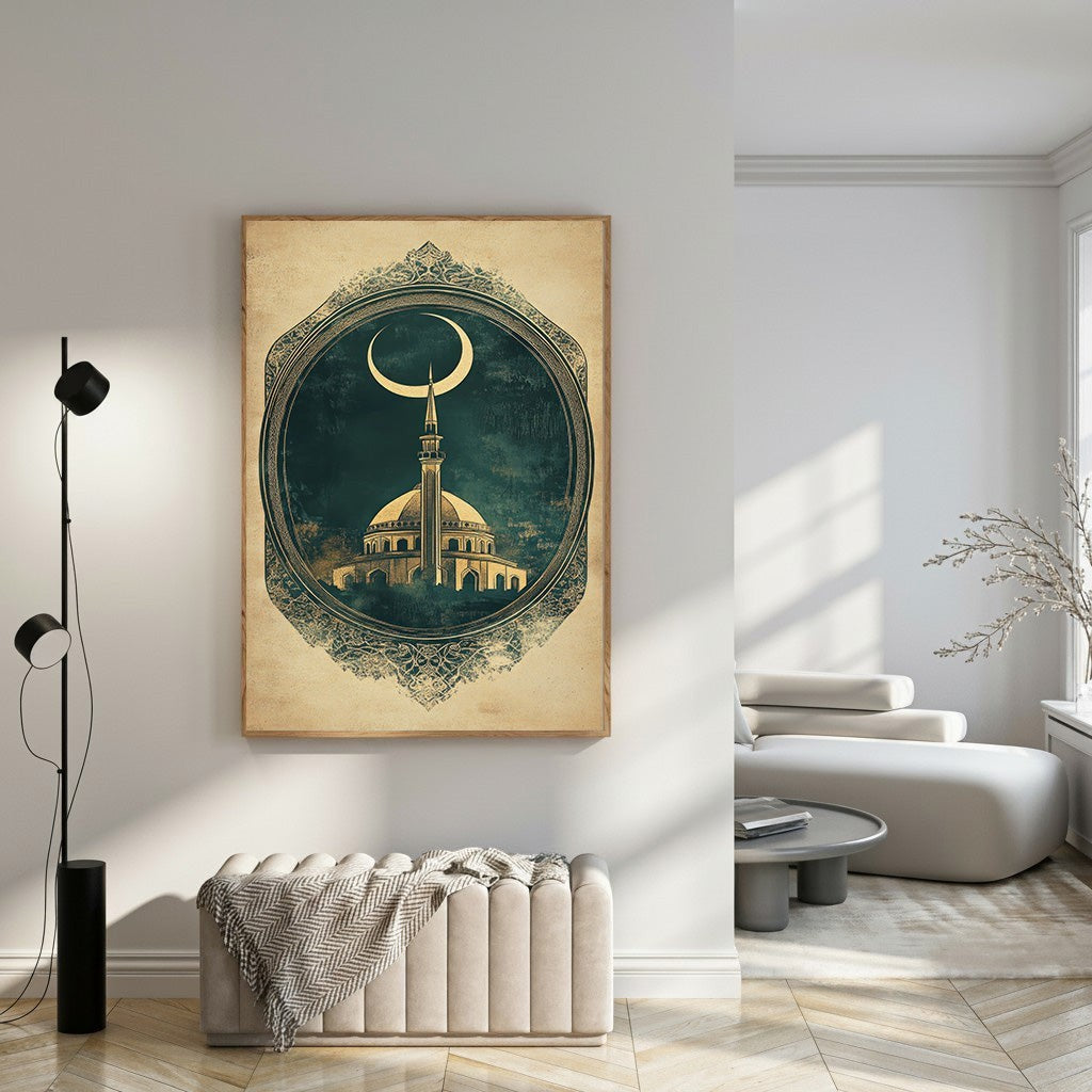 Wadi Home framed Islamic mosque and crescent moon art print with ornate border. Rich colors, sharp details.