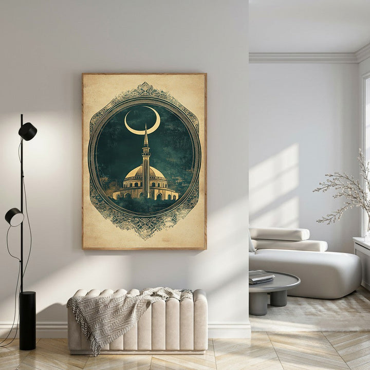 Wadi Home framed Islamic mosque and crescent moon art print with ornate border. Rich colors, sharp details.