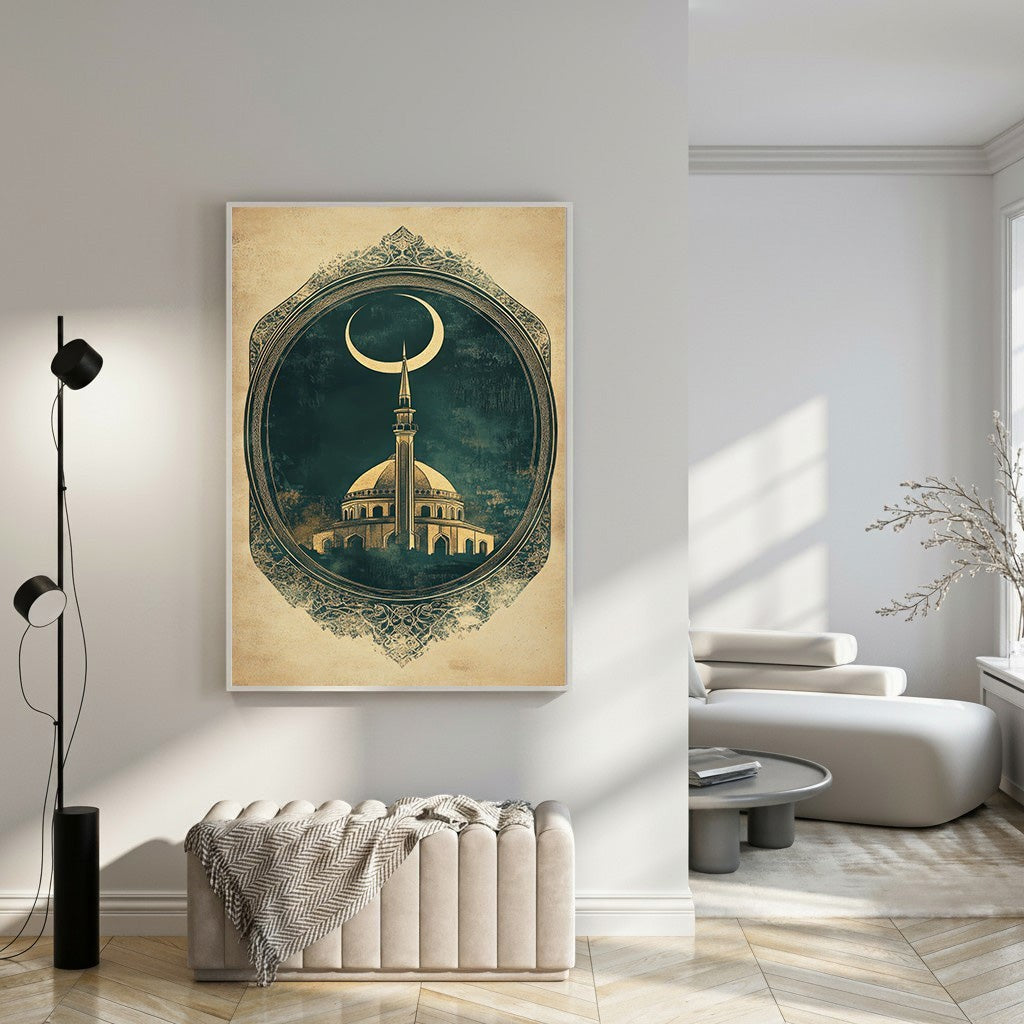 Wadi Home framed Islamic art print featuring a mosque and crescent moon in a decorative oval frame with rich colors.