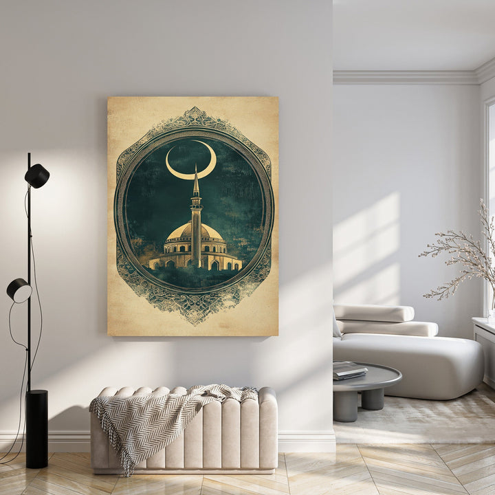Wadi Home framed Islamic art print of a mosque with a crescent moon, featuring a vintage aesthetic with gold and teal tones.