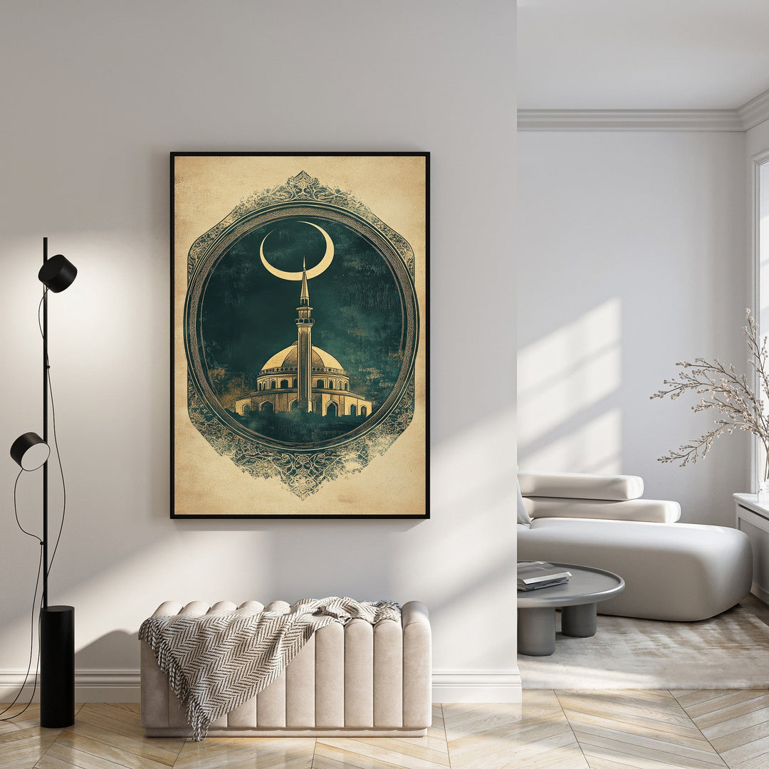 Wadi Home framed Islamic mosque art print with crescent moon, rich colors, and intricate border detail.