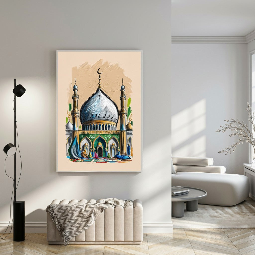Wadi Home Islamic Mosque Artwork with blue dome, green accents, and crescent moon detail. Features people praying on prayer mats.