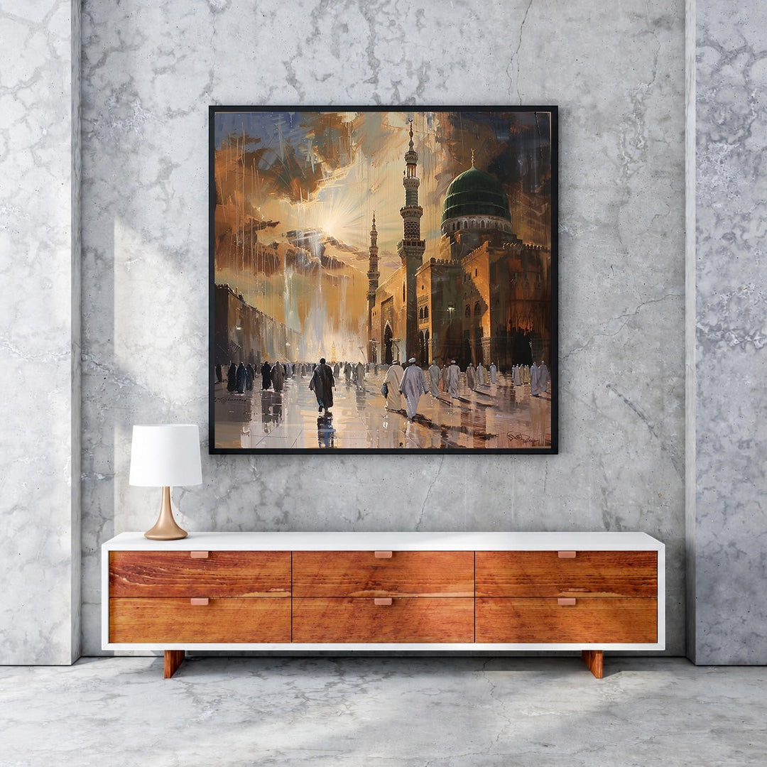 Wadi Home Islamic Mosque Landscape Wall Art, vibrant mosque at sunset with worshippers, warm golden light, intricate architecture, rich colors.