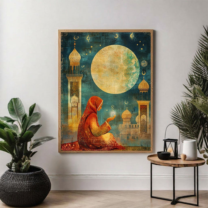 Wadi Home Islamic Mosque and Moon Canvas Wall Art featuring a person in prayer, mosque, and moon. Warm colors with golden accents.