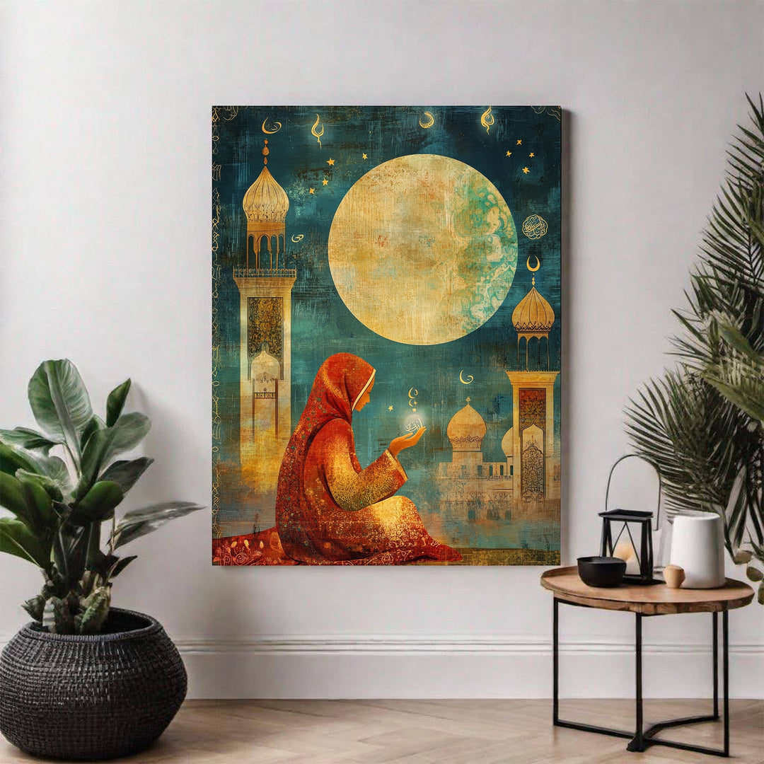 Wadi Home Islamic Mosque and Moon canvas art. A person in a red hijab prays under a large moon with mosque silhouettes.