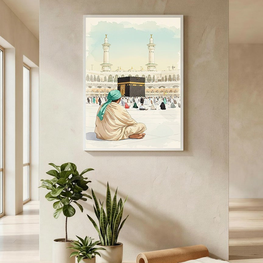 Wadi Home Islamic pilgrimage artwork depicting the Kaaba and pilgrims in watercolor style. A person in traditional attire sits facing the Kaaba.