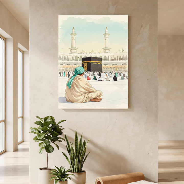 Wadi Home Islamic pilgrimage artwork watercolor painting of Kaaba with pilgrims and a man in foreground wearing a green turban.
