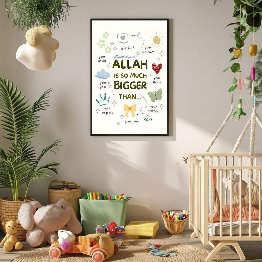 Wadi Home Islamic wall art with text "Allah is so much bigger than your worries" in a black frame, surrounded by playful illustrations.