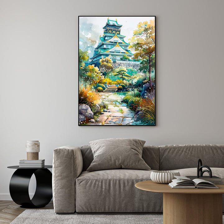 Wadi Home Japanese castle garden watercolor art print with lush greenery and stone path.