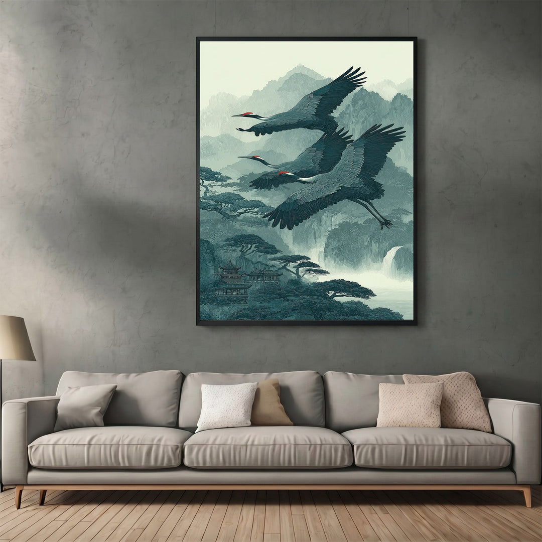 Wadi Home Japanese crane landscape wall art print featuring flying cranes over misty mountains in a modern living room.