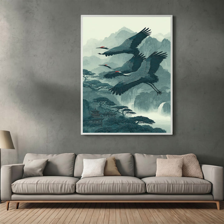Wadi Home Japanese crane landscape wall art print featuring flying cranes over misty mountains in teal and cream tones.