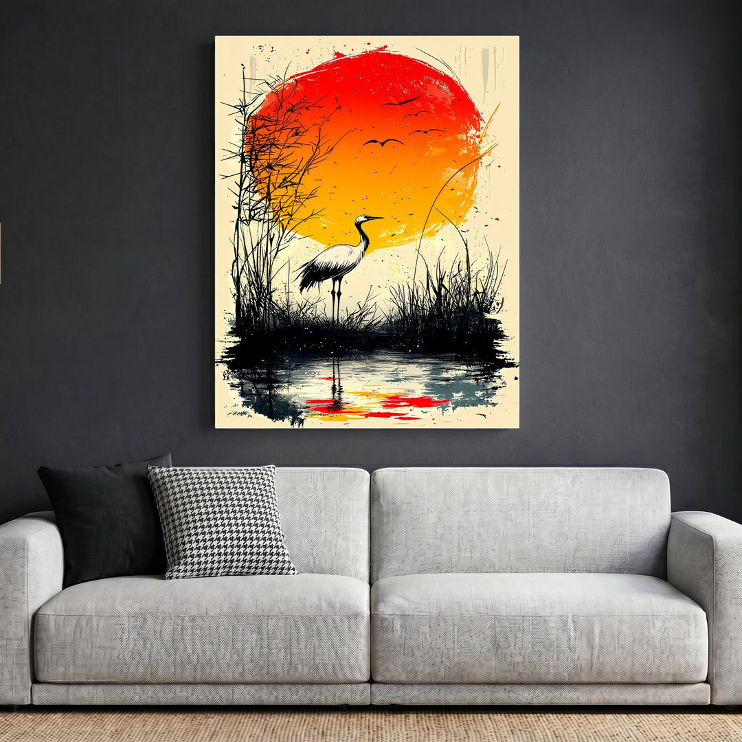 Wadi Home Japanese inspired crane wall art print featuring a red sun and marsh landscape above a modern grey sofa.
