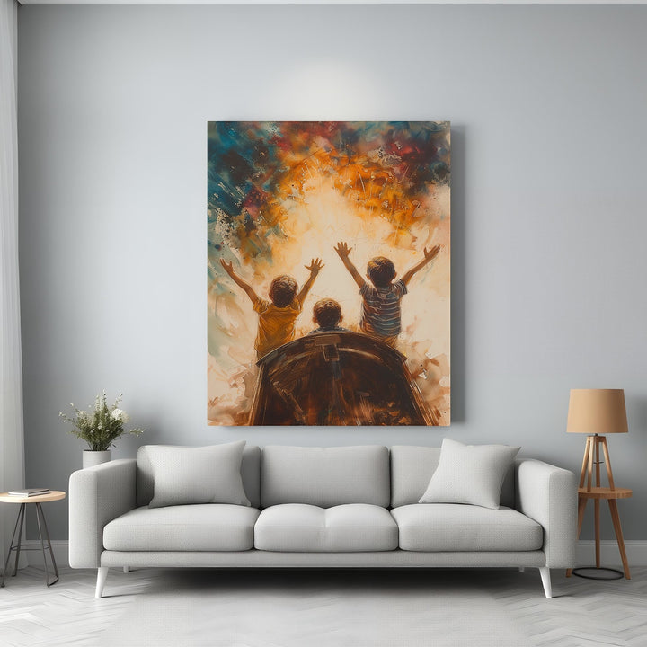 Wadi Home artwork of three children with arms raised in joy against a vibrant, abstract sky. Captures childhood wonder and optimism.