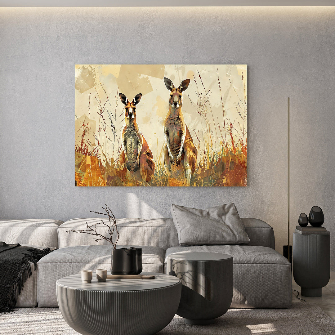 Wadi Home canvas print of two kangaroos in a field of tall, dry grass with warm, earthy tones and abstract background.