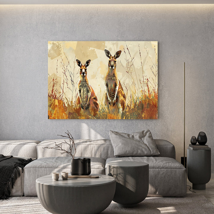 Wadi Home canvas print of two kangaroos in a field of tall, dry grass with warm, earthy tones and abstract background.