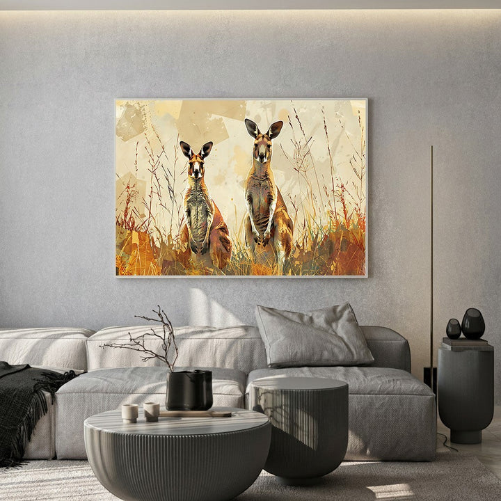Wadi Home canvas print of two kangaroos in a field with tall grasses, warm earthy tones, and abstract background.