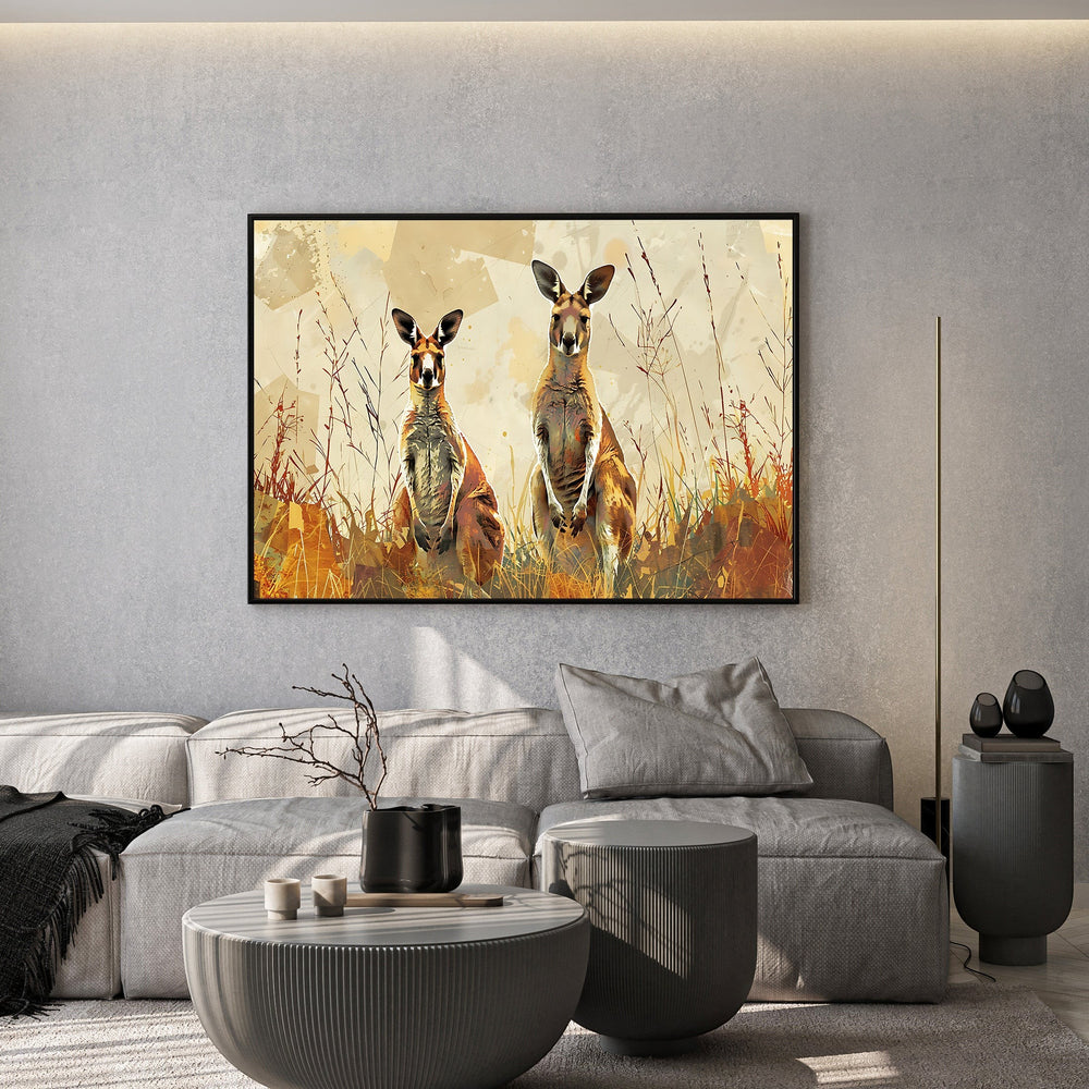 Wadi Home canvas print of two kangaroos in a field with tall grasses, warm earthy tones, abstract background.