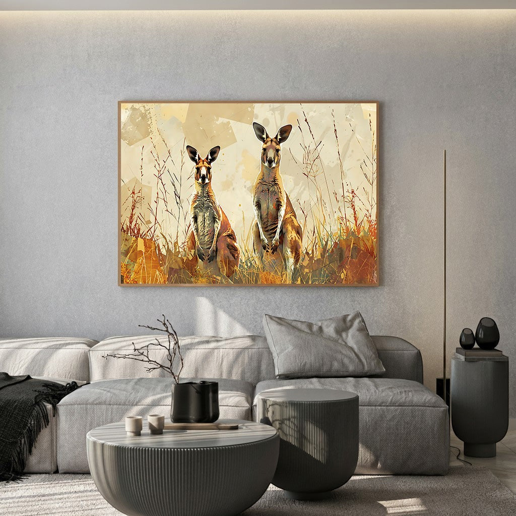 Wadi Home canvas print of two kangaroos in a field with tall grasses, warm earthy tones, and abstract background.
