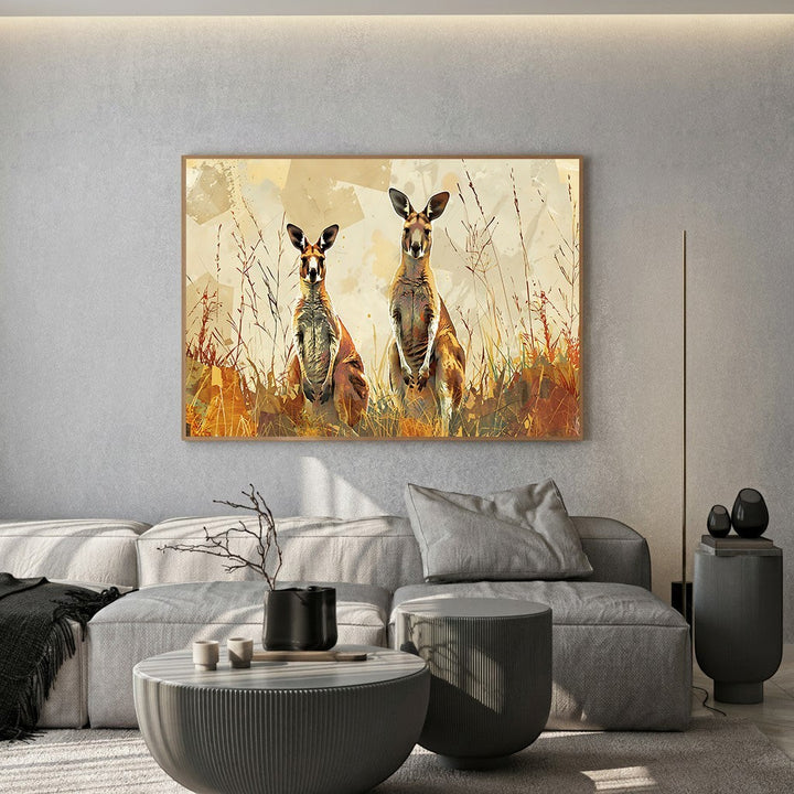 Wadi Home canvas print of two kangaroos in a field with tall grasses, warm earthy tones, and abstract background.
