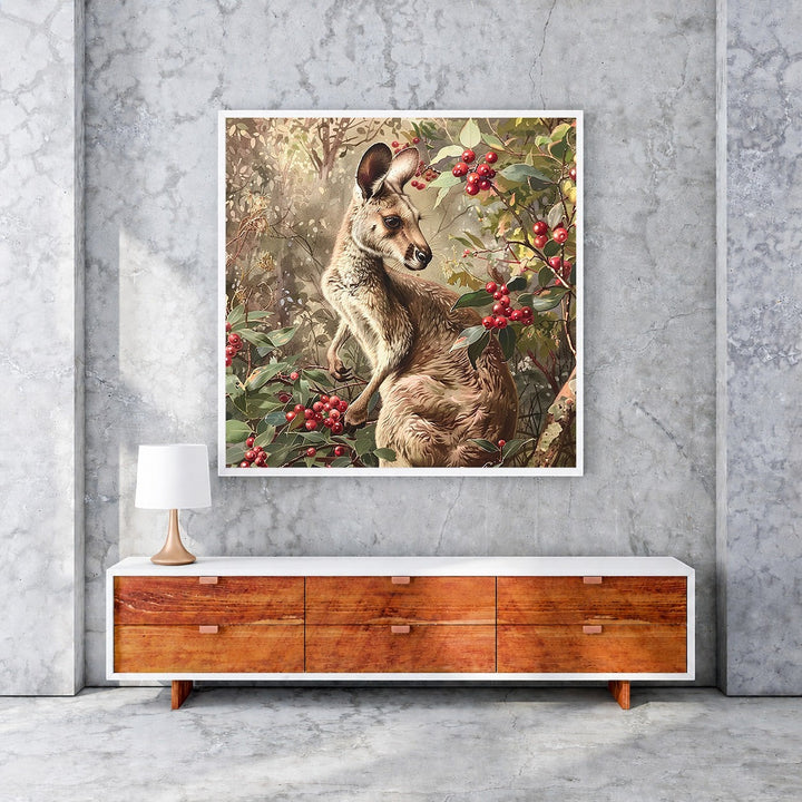 Wadi Home framed wall art of a kangaroo amongst red berries and green foliage, evoking Australian nature.