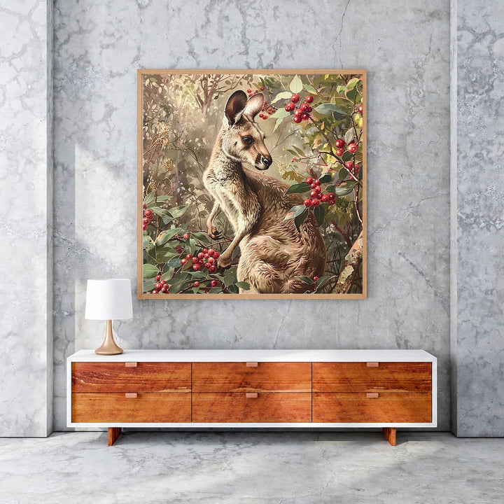 Wadi Home framed wall art of a kangaroo in a forest with red berries, warm natural tones, and gentle lighting.
