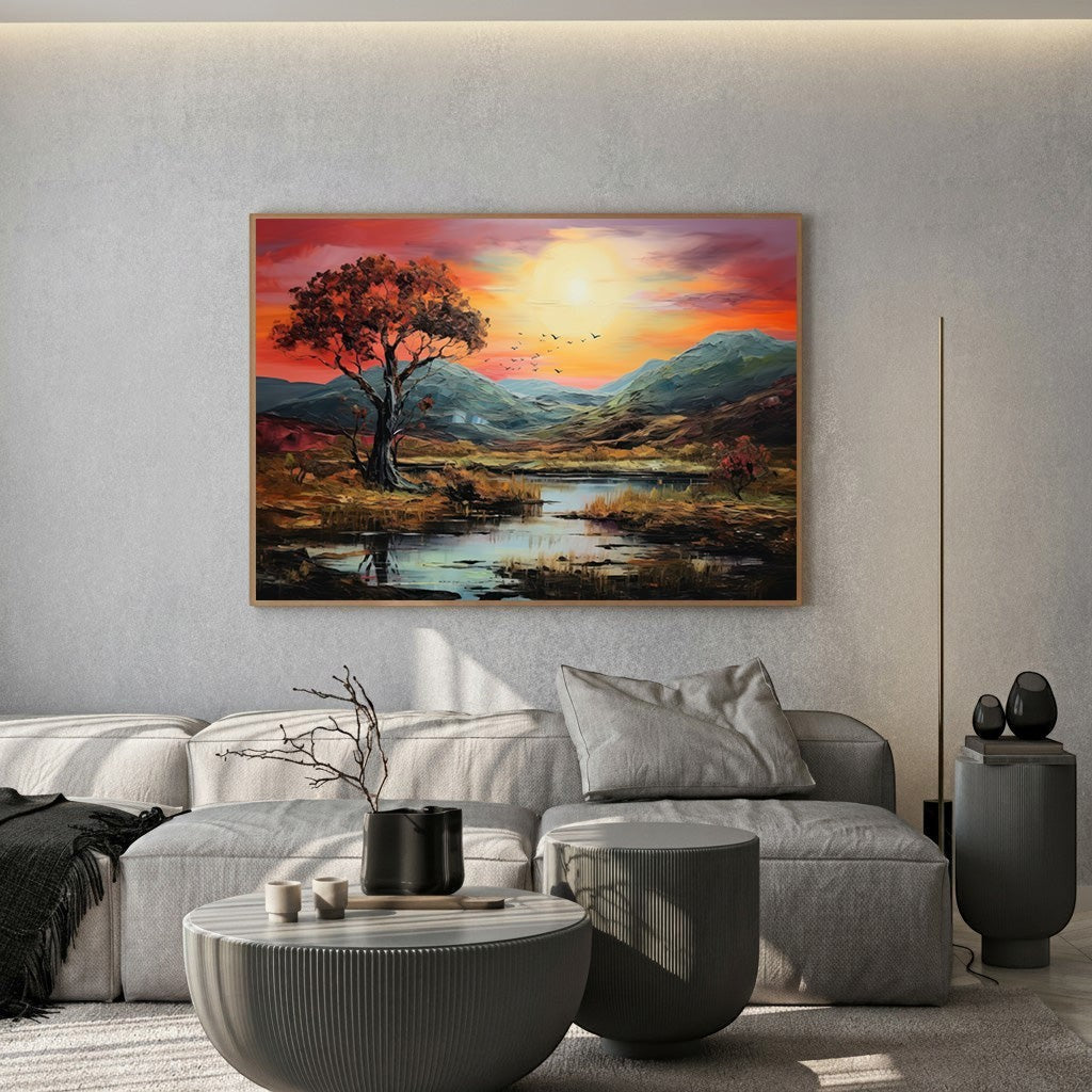 Wadi Home landscape oil painting featuring a sunset over a valley with vibrant crimson and orange tones in a living room