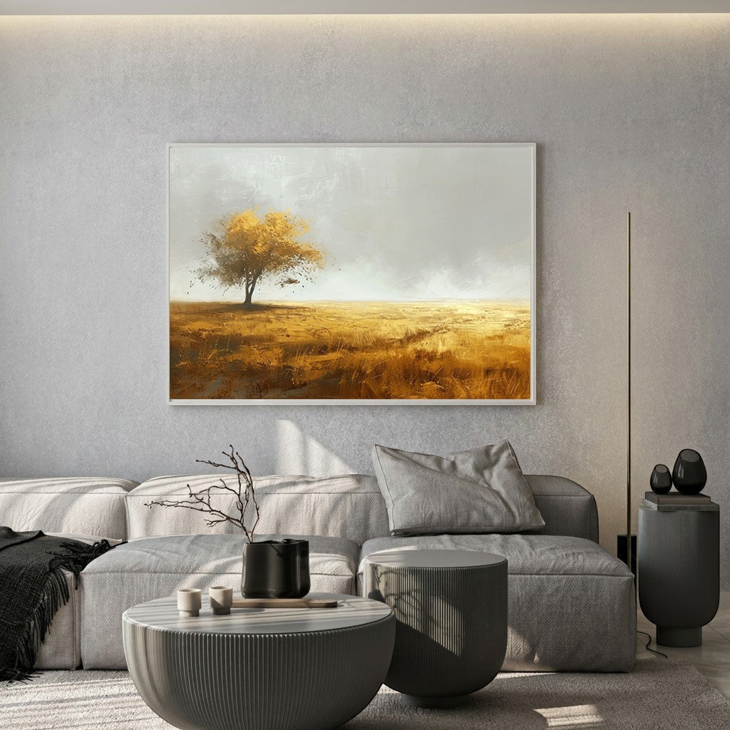 Wadi Home landscape field tree framed wall art print with golden hues hanging above a modern grey sofa in a living room
