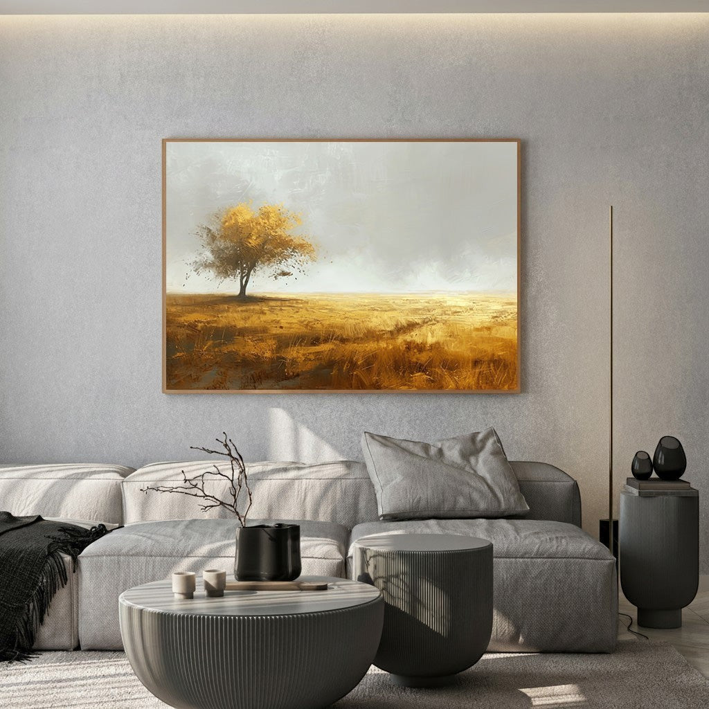 Wadi Home landscape field tree wall art print with golden hues in a modern living room setting