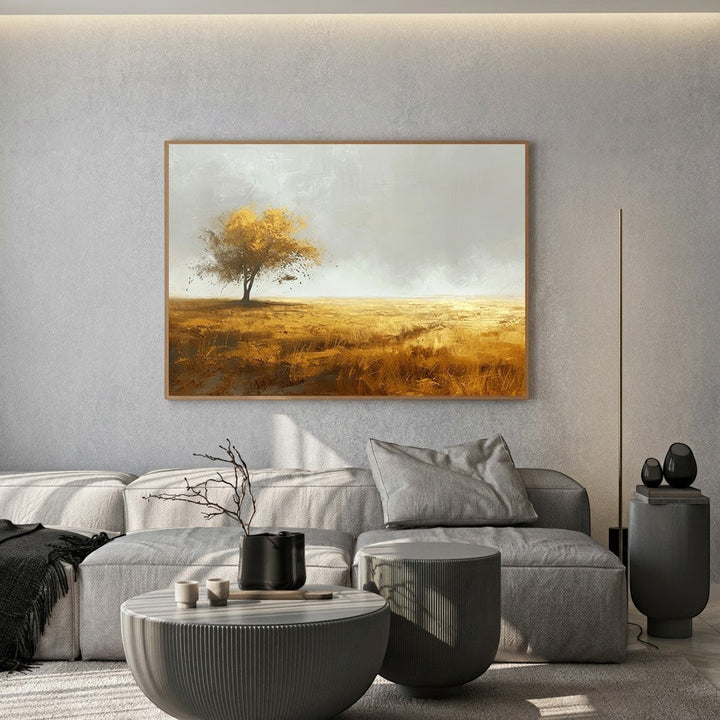Wadi Home landscape field tree wall art print with golden hues in a modern living room setting